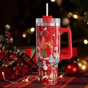 Neue Edelstahlbecher, Vakuum-Reise-isolierte 40-Unzen-Kaffeetassen, doppelwandiger Weihnachtsbecher mit Griff und Strohhalm 1106