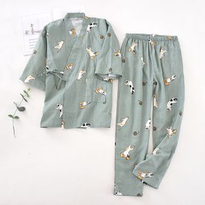 Kvinnors sömnkläder sju sovhytt japanska kimono pyjama set kvinnors vår och höst 100% bomullsgas hemkläder söta två p 230406