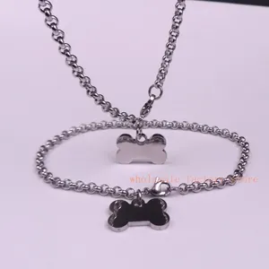 Colar brincos conjunto feminino aço inoxidável cão osso tag rolo corrente link e pulseira