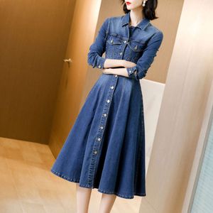 2023 herbst Neue Denim frauen Stil Schlanke Mittlere Länge High-End Exquisite A-line Lange Kleid