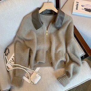 Women's Knits 2024 Spring Autumn Soft Chic Knit Cardigan Jacket Women Retro Short Zipper Sweater Coat Lady Splicing Leather Neck Top