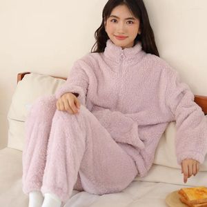 Indumenti da notte da donna Inverno caldo pile di corallo Pigiama da donna Set Flanella ispessita Manica lunga Collo alto Pantaloni Pigiama Completo Homewear allentato