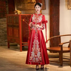 Roupas étnicas Mulheres Cetim Brinde Estilo Chinês Lantejoulas Beading Tassels Bordado Vestido de Noiva