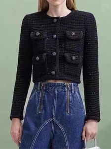 Kvinnors stickor Sequin Knit Black Cardigan Elegant Long Sleeve Female Single Breasted O-hals tröja Pappa Autumn Winter 2023