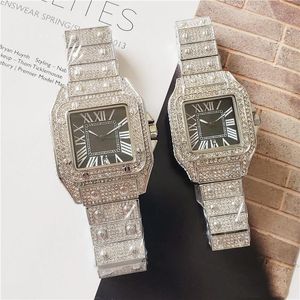 Hochwertige Uhr mit Bling-Diamant-Ring-Armbanduhr für Herren und Damen, hip, quadratisch, römisches Zifferblatt, Designer-Herren-Quarzuhr mit Edelstahlarmband, Business-Armbanduhr für Herren und Damen, Unisex-Geschenk