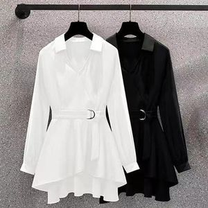 Women's Blouses Shirt Dress Lapel V Neck Long Sleeves Irregular Hem Waist Tight Adjustable Belt Pullover Top Female Clothing 230404