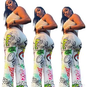 Women's pants personalized graffiti style printing loose binding wide leg casual harem flare plus sizes