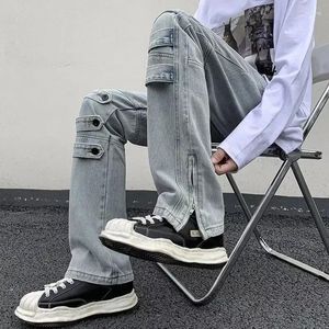 Jeans masculinos estilo nicho de rua zíper para homens 2023 marca americana de alta tendência solta calças de trabalho retas design