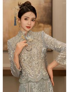 Ethnic Clothing Chinese Style Bride Beading Cheongsam Sparkly Blue Sequins Wedding Dress Toast