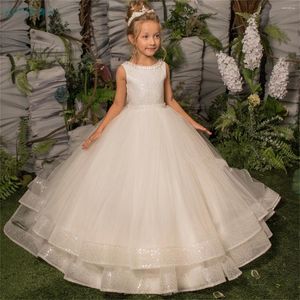 Vestidos de menina flor vestido branco fofo em camadas tule brilho casamento elegante criança primeira festa de aniversário eucarística