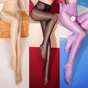 Women Socks 30 Deniers Oil Shine High Waist Tights Glitter Pantyhose Open Crotch Shiny Lustre Shaping Legs Stockings Club Dance Party