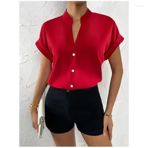 Женские блузки, летние простые однотонные рубашки с v-образным вырезом и короткими рукавами, повседневный свободный топ, универсальная одежда