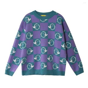 Suéteres femininos padrão de desenho animado pulôver suéter feminino roxo malha manga comprida nicho design grosso quente jumper tops