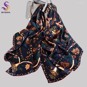 Sciarpe BYSIFA | Sciarpa di seta blu navy oro Hijab da donna ricco disegno floreale stampato quadrato 110 110 cm Avvolgimenti autunno inverno