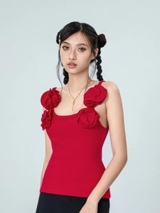 Kadın Tankları Kadınlar Yaz Girmiş Tank Tops Kırmızı Kolsuz 3D Çiçek Deksi Out Party Clubwear