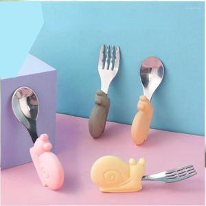 Zestawy naczyń obiadowych 2PCS Cartoon Elephant Spoon łyżka Zestaw widelca bez szelka dla dzieci karmiące dzieci trening silikon/stal nierdzewna