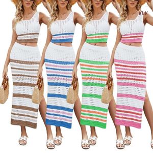 Lässige Kleider Damen Sommer Häkeln Gestrickt U-Ausschnitt Geripptes Crop Top Sexy Bodycons 2-teilige Outfits Kurze Hosen Röcke Trainingsanzüge Set 6XDA