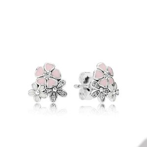 Sparkling Pink Daisy Stud Earrings for Pandora Authentic Sterling Silver Cute Wedding Jewelry For Women Girlfriend Gift Flower Earring Set with Original Box