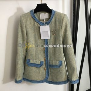 Women Gold Button Jacket Crew Neck Denim Jackets Long Sleeve Jean Coat Casual Style Outerwear with Brooch