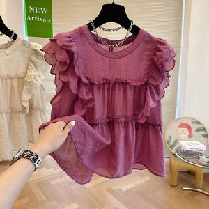 Blusas femininas manga babados em torno do pescoço camisas para mulheres verão doce boneca camisa solta nicho sem mangas topo blusas brancas