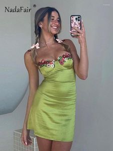 Повседневные платья Nadafair Satin Bleeveless Summer Women Mini Dress Beach Green Floral Spaghetti Braps Винтажный сексуальный праздник 2023