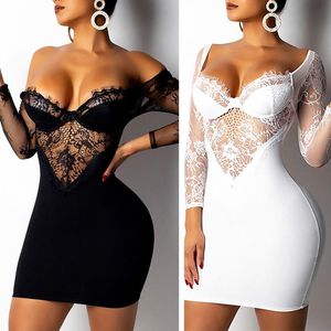Casual Dresses Women Lace Patchwork Sexy Hollow Out Bodycon Long Sleeve Deep V-Neck Evening Party Club Short Mini Dress