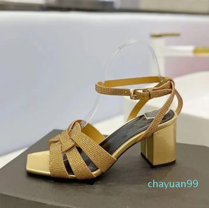 Sandals rhinestones leather high heel square toe cross thin band classic designer 6.5CM thick heel summer opentoe green womens dress ankle band 34-42 belt box