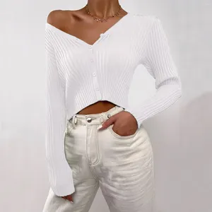 Kvinnors tröjor Autumn Sweater Womens Long Sleeve Open Front Knit Crop Cardigan V-Neck Stickovers tröja med solid White Streetwear