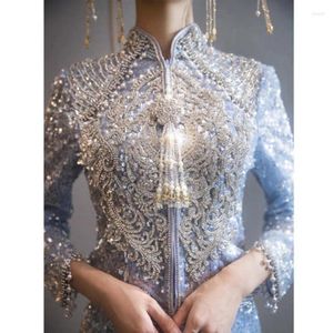 Etniska kläder 2023 Raffinerad Blue Phoenix broderi cheongsam kinesisk stil brud bröllopsklänning elegant äktenskap toast aftonklänning