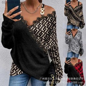 T-shirt femminile geo Contrasto in pizzo Picchia freddo Avvolgimento Top Top Women Maniche lunghe a V Maglietta casual Tops