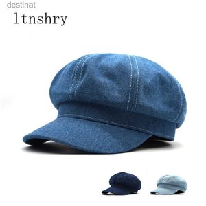 Berets New Women Leisure Octagonal Hat Ladies Denim Beret Hat Cowboy Cap Newsboy Gatsby Cap Octagonal Baker Peaked Beret Driving HatL231106