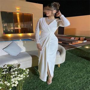 Ivory Sheath Floor-Length Long Sleeve Dubai Evening Dress V Neck Formal Dress For Prom Elegant Saudi arabia Women's Gowns