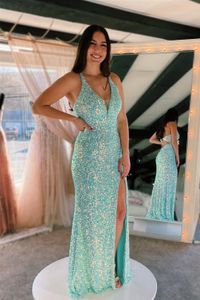 Splendid Blue Mermaid Long Prom Dress V Neck Sequins Halter Cut-Out with Slit Split Evening Gowns Pageant Party Dresses Open back