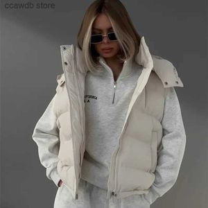 Coletes femininos moda zip-up com capuz coletes de inverno para mulheres 2023 streetwear grosso quente algodão acolchoado sem mangas parkas colete branco preto t231106