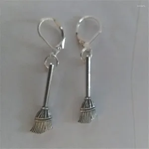 Dangle Earrings Metal Broom Charm Tibetan Silver Color Halloween Themed Dangly Lever Back Hook