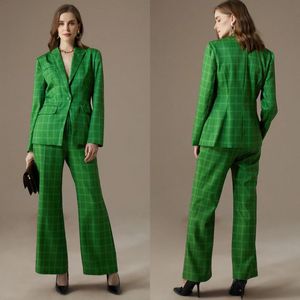 Green Plaid Women Suits Blazer 2 Pieces Slim Fit Jacket Oversize Party Prom Tuxedos skräddarsydd Made Street Wear Casual Outfit