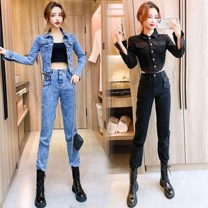 Women's Two Piece Pants Women 2023 Spring Autumn Denim Set Jeans Suit Female Long Sleeve Jacket Crop Top & 2 Outfits Sets B194Women's