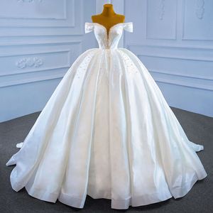 Luxury Puffy Satin Wedding Dresses 2024 Off the Shoulder Pearls Beaded Princess Bridal Gowns Arabic Dubai Vestido De Noiva