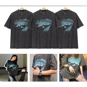 summer fashion breathable washed cotton men oversized gray shark printing short sleeve t shirt