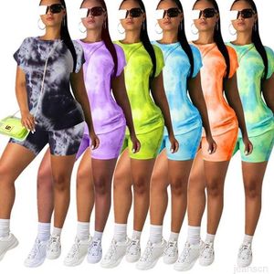 Summer Women Dresses Shorts 2 Two Piece Outfits Set Casual Tracksuit Tie Dye Short Sleeve T-Shirt Biker Suits