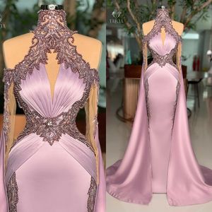 Beaded High Neck Mermaid Prom Dresses Long Sleeve Sexy Formal Evening Party Gown Crystal Illusion Red Carpet Dress