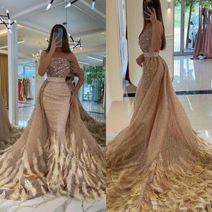 Party Dresses Exquisite Feather Mermaid Evening One-Shoulder Boat Neck Special Occasion Dress Women Sweep Train Prom Gowns For
