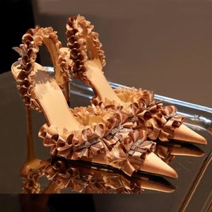 New Mach Satin rhinestone Bow Pumps Lace flower trim Evening shoes stiletto Heels Wedding Shoes women heeled Luxury Designers Slingback sandal Dress shoe With box
