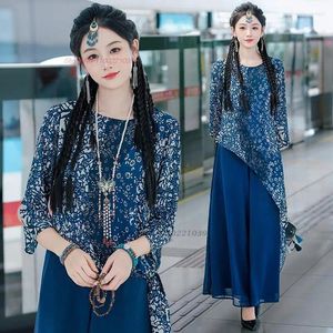 Ethnische Kleidung 2023 Chinesischer Nationalblumendruck Oansatz Unregelmäßiges Hemd Vintage Frauen Lose T-Shirt Orientalische Basis Hanfu Tops