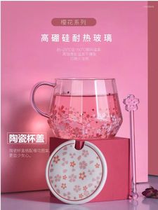 Mugs Cherry Blossom Cup Heat-resistant Glass With Spoon Cover Lovely Girl Fresh Flower Office Ins Wind Gift