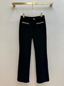 Pantaloni da donna Autunno Inverno Velluto nero Spessore Donna Vita alta Catene dorate Tasche decorative dritte