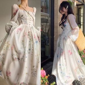French Elegant Floral Square Neck Dress Chiffon Puff Sleeve Evening Parties Dress Zipper Closure for Beach-Daily Wear