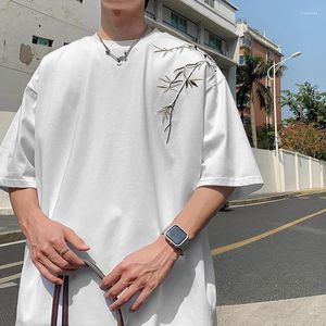 Homens camisetas Bambu Camisa Bordada Homens Harajuku Streetwear Verão Manga Curta Tee Preto Branco Solto Roupas Casuais