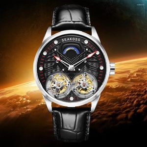 Armbandsur Sekoss mode dubbel tourbillon mekaniska klockor ultratunna lysande månfas safir glas läder män