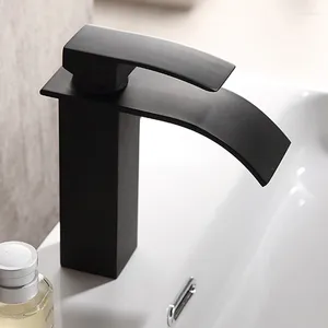 Bathroom Sink Faucets Stainless Steel Low Thin Water Outlet Waterfall Platform Basin Wash Washbasin Black Faucet Square And Cold